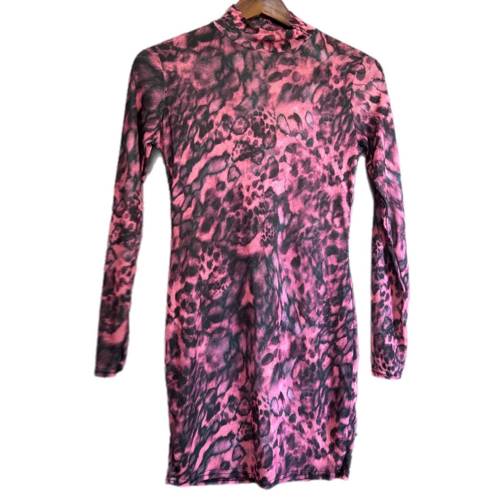 Nasty Gal Mini Dress Women Size 4 Pink Black Leopard Bodycon Mock Neck Excellent